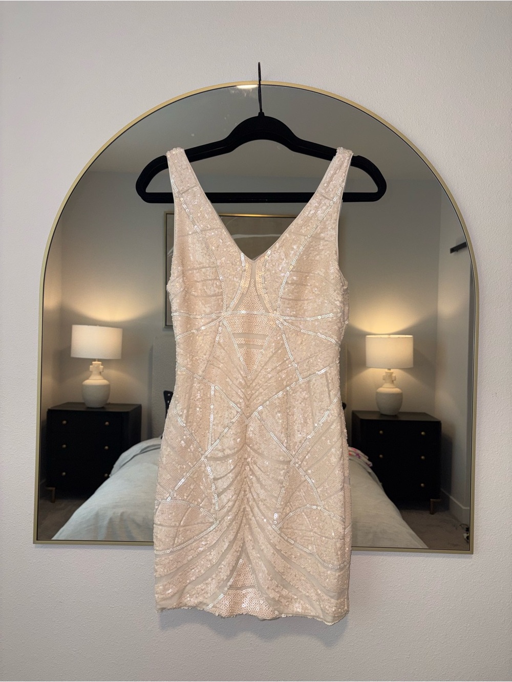 bebe Champagne Sequin V-Neck Mini Dress